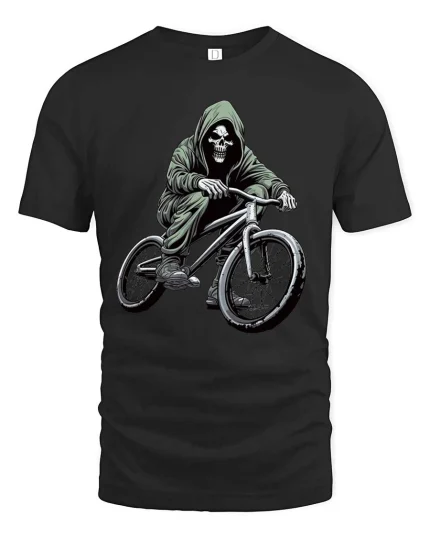 Skull Biker Graphic T-Shirt Dark Street BMX Rider Tee - black t-shirt on white background