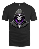 Hooded Skull Graphic T-Shirt Dark Gothic Streetwear Tee - black t-shirt on white background