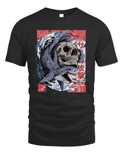 Shark Skull Graphic T-Shirt Japanese Wave Streetwear - black t-shirt on white background