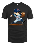 Baseball Pitcher Cartoon T-Shirt Sports Graphic Youth Tee - black t-shirt on white background