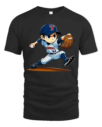 Baseball Pitcher Cartoon T-Shirt Sports Graphic Youth Tee - black t-shirt on white background