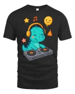 Cute DJ Dinosaur T-Shirt Funny Music Cartoon Party Tee - black t-shirt on white background
