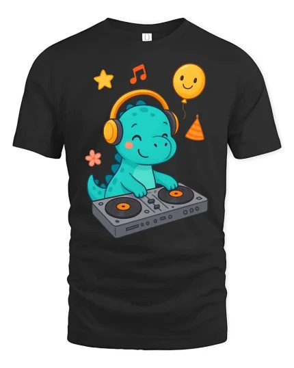 Cute DJ Dinosaur T-Shirt Funny Music Cartoon Party Tee - black t-shirt on white background