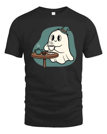 Cute Ghost Tea Time T-Shirt Cozy Halloween Cartoon Tee - black t-shirt on white background