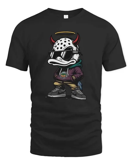 Streetwear Devil Duck Graphic T-Shirt Urban Cartoon Tee - black t-shirt on white background