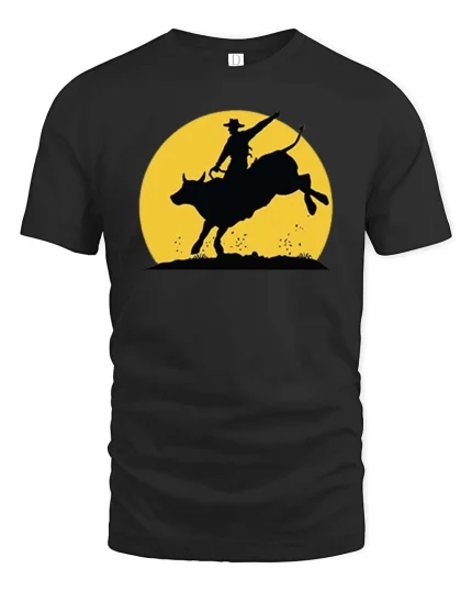 Rodeo Bull Riding Silhouette T-Shirt Western Cowboy Tee - black t-shirt on white background