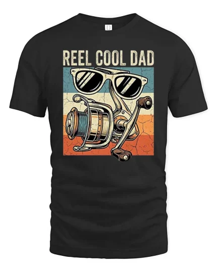 Reel Cool Dad Fishing T-Shirt Vintage Angler Graphic - black t-shirt on white background