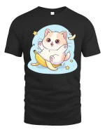 Cute Cat Banana Slip T-Shirt Funny Kawaii Cartoon Tee - black t-shirt on white background