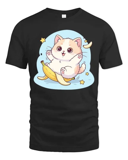 Cute Cat Banana Slip T-Shirt Funny Kawaii Cartoon Tee - black t-shirt on white background