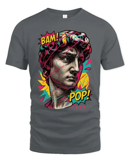 Pop Art David Bust Graphic T-Shirt Retro Streetwear Tee - gray t-shirt on white background