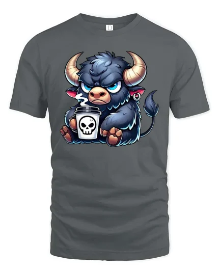 Angry Bull Coffee Graphic T-Shirt Funny Cartoon Animal - gray t-shirt on white background