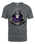 Hooded Skull Graphic T-Shirt Dark Gothic Streetwear Tee - gray t-shirt on white background