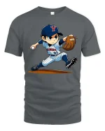 Baseball Pitcher Cartoon T-Shirt Sports Graphic Youth Tee - gray t-shirt on white background