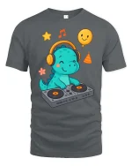 Cute DJ Dinosaur T-Shirt Funny Music Cartoon Party Tee - gray t-shirt on white background