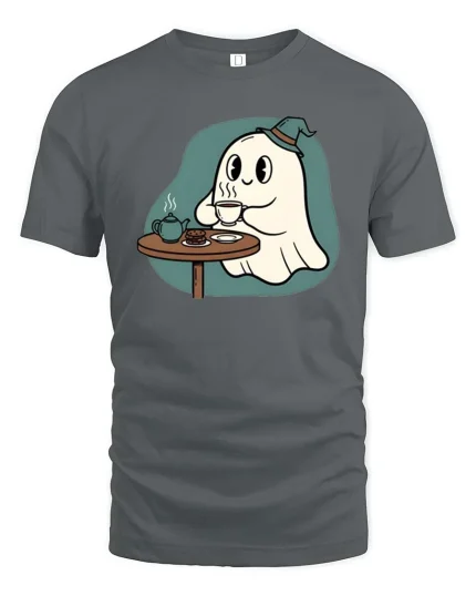 Cute Ghost Tea Time T-Shirt Cozy Halloween Cartoon Tee - gray t-shirt on white background