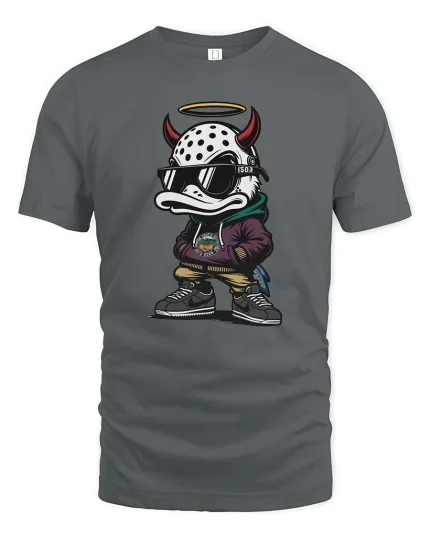 Streetwear Devil Duck Graphic T-Shirt Urban Cartoon Tee - gray t-shirt on white background