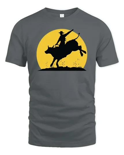 Rodeo Bull Riding Silhouette T-Shirt Western Cowboy Tee - gray t-shirt on white background