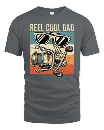 Reel Cool Dad Fishing T-Shirt Vintage Angler Graphic - gray t-shirt on white background