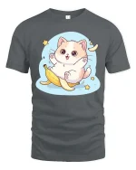 Cute Cat Banana Slip T-Shirt Funny Kawaii Cartoon Tee - gray t-shirt on white background