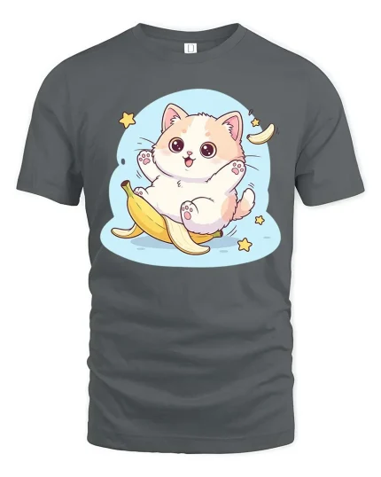 Cute Cat Banana Slip T-Shirt Funny Kawaii Cartoon Tee - gray t-shirt on white background