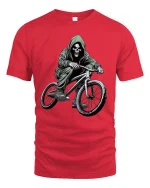 Skull Biker Graphic T-Shirt Dark Street BMX Rider Tee - red t-shirt on white background