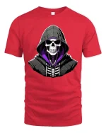 Hooded Skull Graphic T-Shirt Dark Gothic Streetwear Tee - red t-shirt on white background