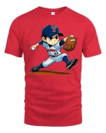 Baseball Pitcher Cartoon T-Shirt Sports Graphic Youth Tee - red t-shirt on white background
