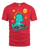 Cute DJ Dinosaur T-Shirt Funny Music Cartoon Party Tee - red t-shirt on white background
