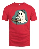 Cute Ghost Tea Time T-Shirt Cozy Halloween Cartoon Tee - red t-shirt on white background