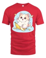 Cute Cat Banana Slip T-Shirt Funny Kawaii Cartoon Tee - red t-shirt on white background