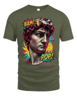 Pop Art David Bust Graphic T-Shirt Retro Streetwear Tee - military green t-shirt on white background