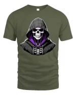 Hooded Skull Graphic T-Shirt Dark Gothic Streetwear Tee - military green t-shirt on white background