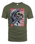 Shark Skull Graphic T-Shirt Japanese Wave Streetwear - military green t-shirt on white background