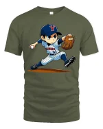 Baseball Pitcher Cartoon T-Shirt Sports Graphic Youth Tee - military green t-shirt on white background
