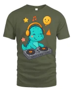Cute DJ Dinosaur T-Shirt Funny Music Cartoon Party Tee - military green t-shirt on white background