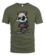 Streetwear Devil Duck Graphic T-Shirt Urban Cartoon Tee - military green t-shirt on white background
