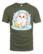 Cute Cat Banana Slip T-Shirt Funny Kawaii Cartoon Tee - military green t-shirt on white background