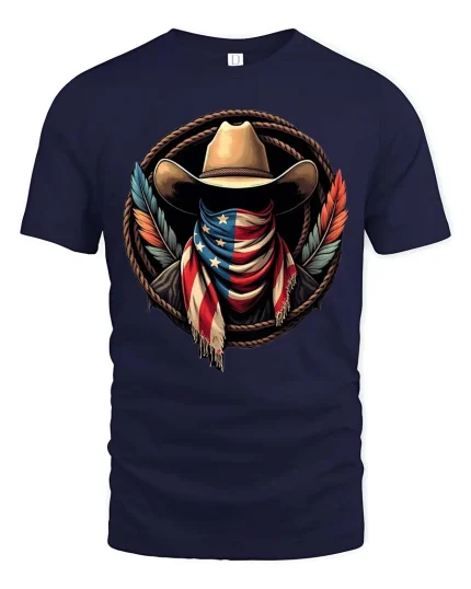 American Cowboy Flag T-Shirt Patriotic Western Graphic - navy t-shirt on white background