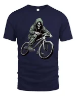 Skull Biker Graphic T-Shirt Dark Street BMX Rider Tee - navy t-shirt on white background