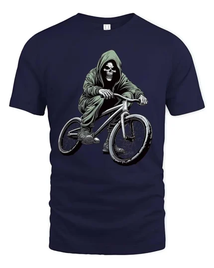 Skull Biker Graphic T-Shirt Dark Street BMX Rider Tee - navy t-shirt on white background