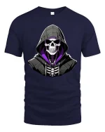 Hooded Skull Graphic T-Shirt Dark Gothic Streetwear Tee - navy t-shirt on white background