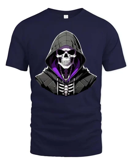 Hooded Skull Graphic T-Shirt Dark Gothic Streetwear Tee - navy t-shirt on white background