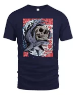 Shark Skull Graphic T-Shirt Japanese Wave Streetwear - navy t-shirt on white background