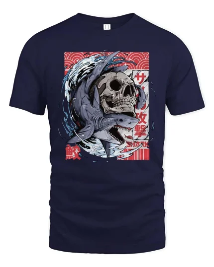 Shark Skull Graphic T-Shirt Japanese Wave Streetwear - navy t-shirt on white background