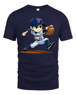 Baseball Pitcher Cartoon T-Shirt Sports Graphic Youth Tee - navy t-shirt on white background