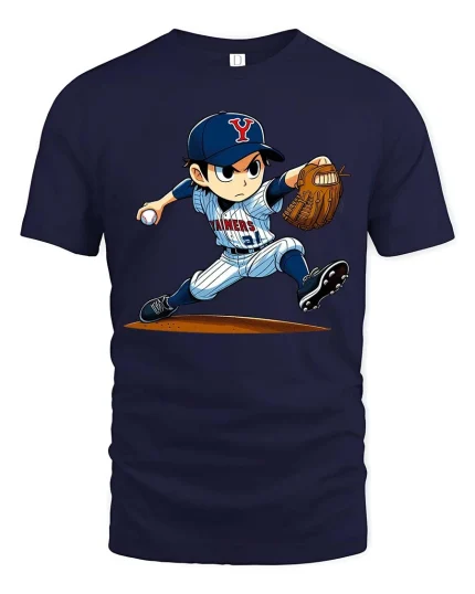 Baseball Pitcher Cartoon T-Shirt Sports Graphic Youth Tee - navy t-shirt on white background