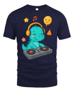 Cute DJ Dinosaur T-Shirt Funny Music Cartoon Party Tee - navy t-shirt on white background