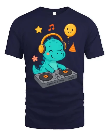 Cute DJ Dinosaur T-Shirt Funny Music Cartoon Party Tee - navy t-shirt on white background