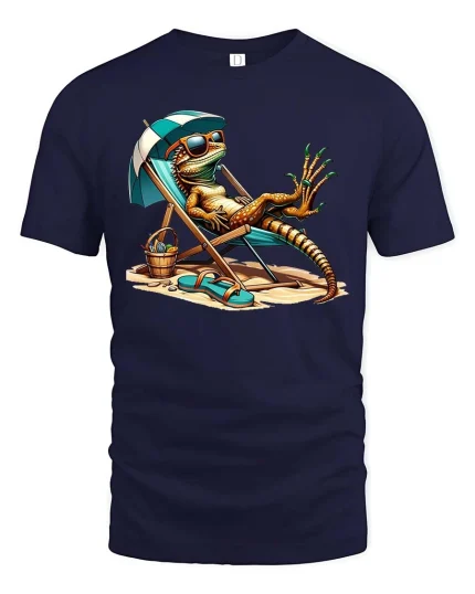 Chill Lizard Beach T-Shirt Funny Summer Vacation Tee - navy t-shirt on white background