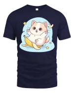 Cute Cat Banana Slip T-Shirt Funny Kawaii Cartoon Tee - navy t-shirt on white background